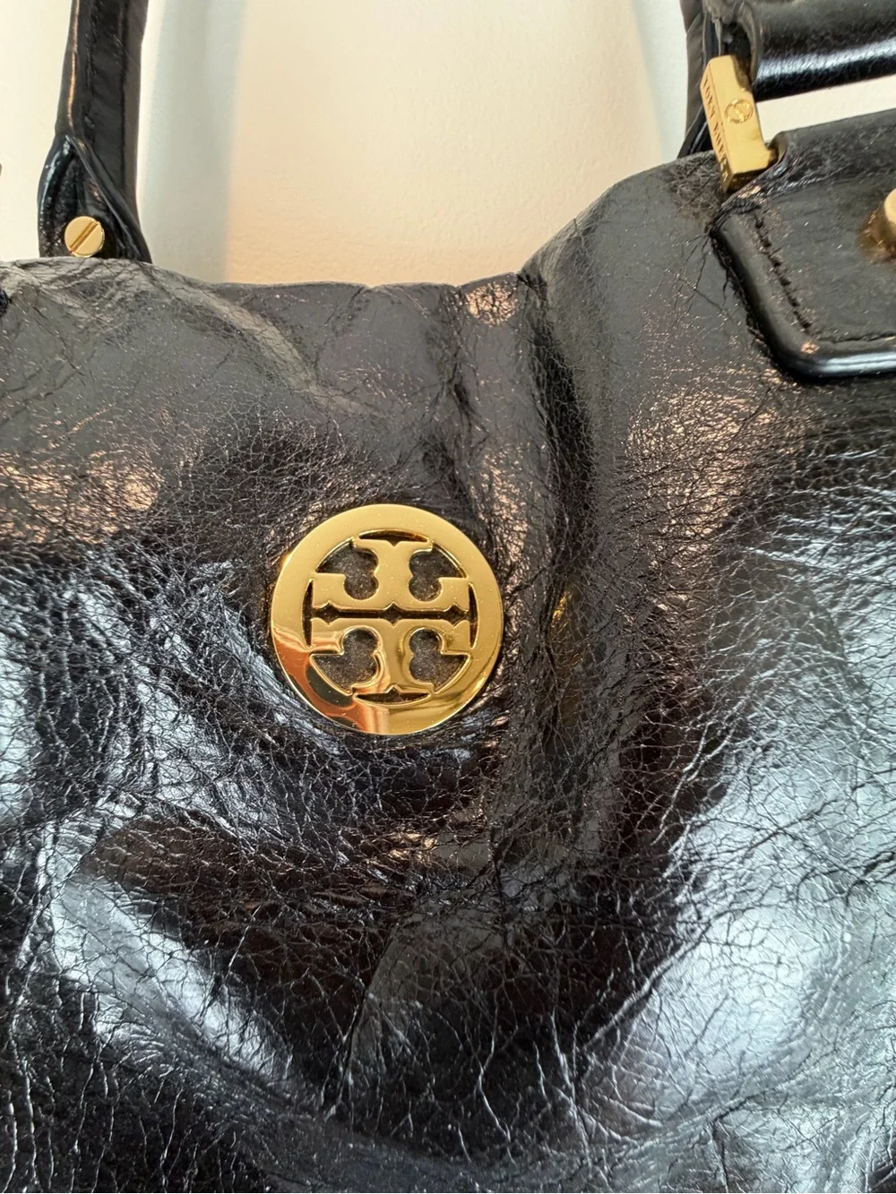 Tory Burch Black Leather Shoulder Bag with Gold Logo